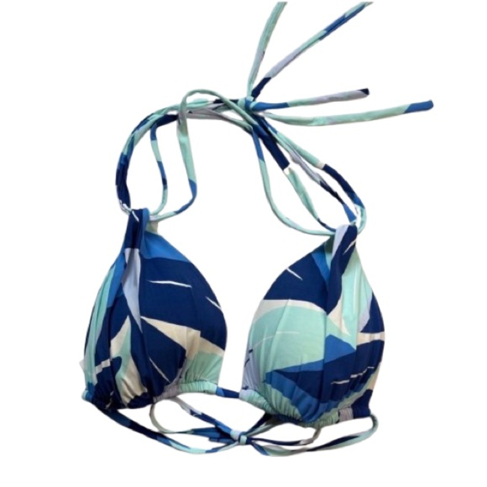 La Blanca Palm Reader Halter Triangle Bikini Top Swimsuit Blue Leaf White Sz 12
